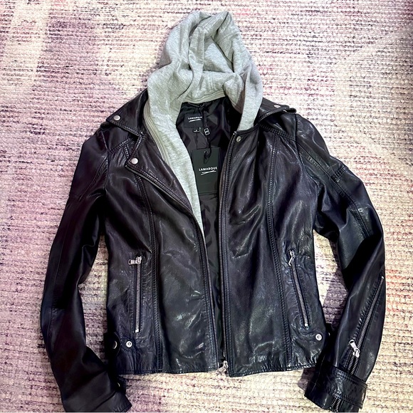 NWT LAMARQUE Anna Biker jacket in black leather w/ gray zip in/out